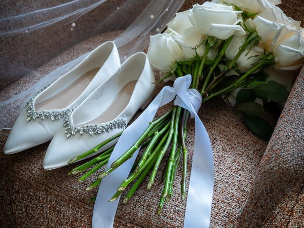 Adam and Abbey’s wedding at Tottington Manor – bridal shoes, veil and bouquet