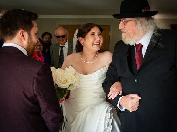 Adam and Abbey’s wedding at Tottington Manor – bride and her father arriving for the ceremony