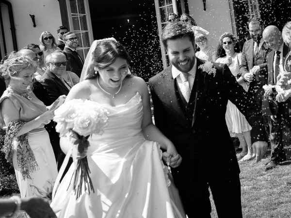 Adam and Abbey’s wedding at Tottington Manor – confetti in black and white