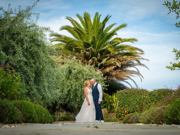 Holly and Andy’s wedding at Field Place – a kiss on the garden path beneath the palm tree